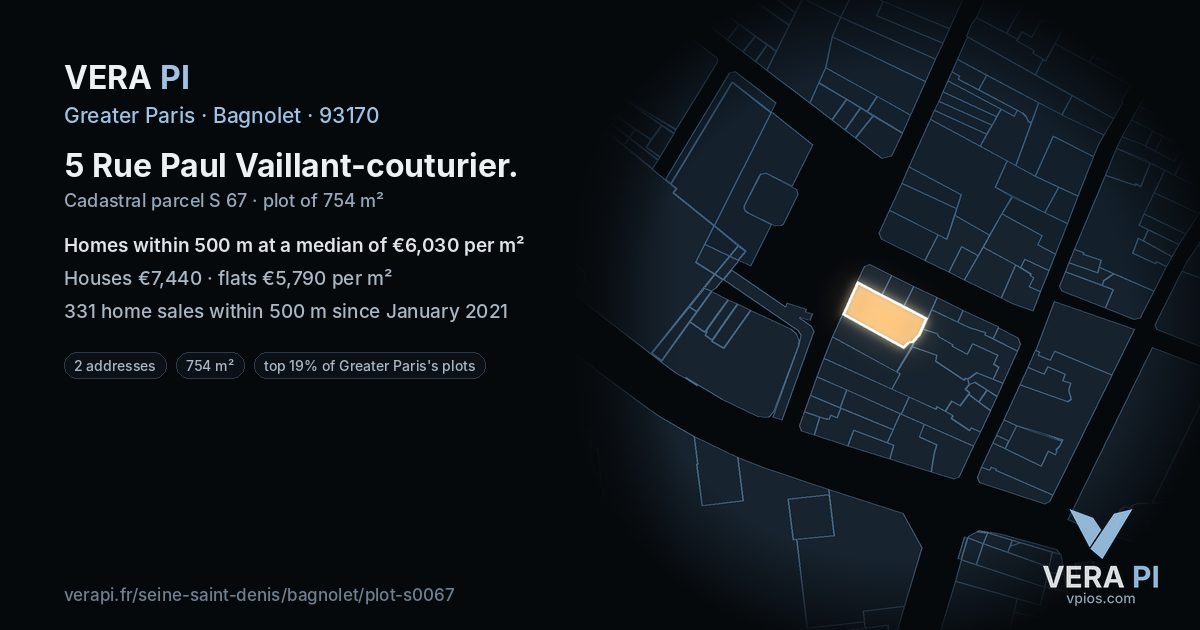 5 Rue Paul Vaillant-couturier, Bagnolet at night – the plot lit, the parcels around coloured by the prices near them