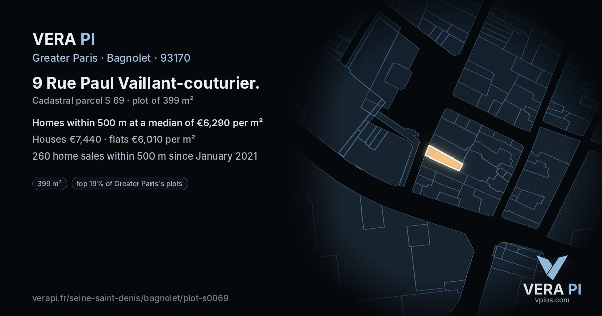 9 Rue Paul Vaillant-couturier, Bagnolet at night – the plot lit, the parcels around coloured by the prices near them