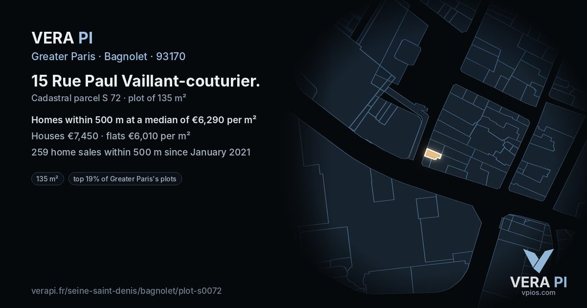 15 Rue Paul Vaillant-couturier, Bagnolet at night – the plot lit, the parcels around coloured by the prices near them