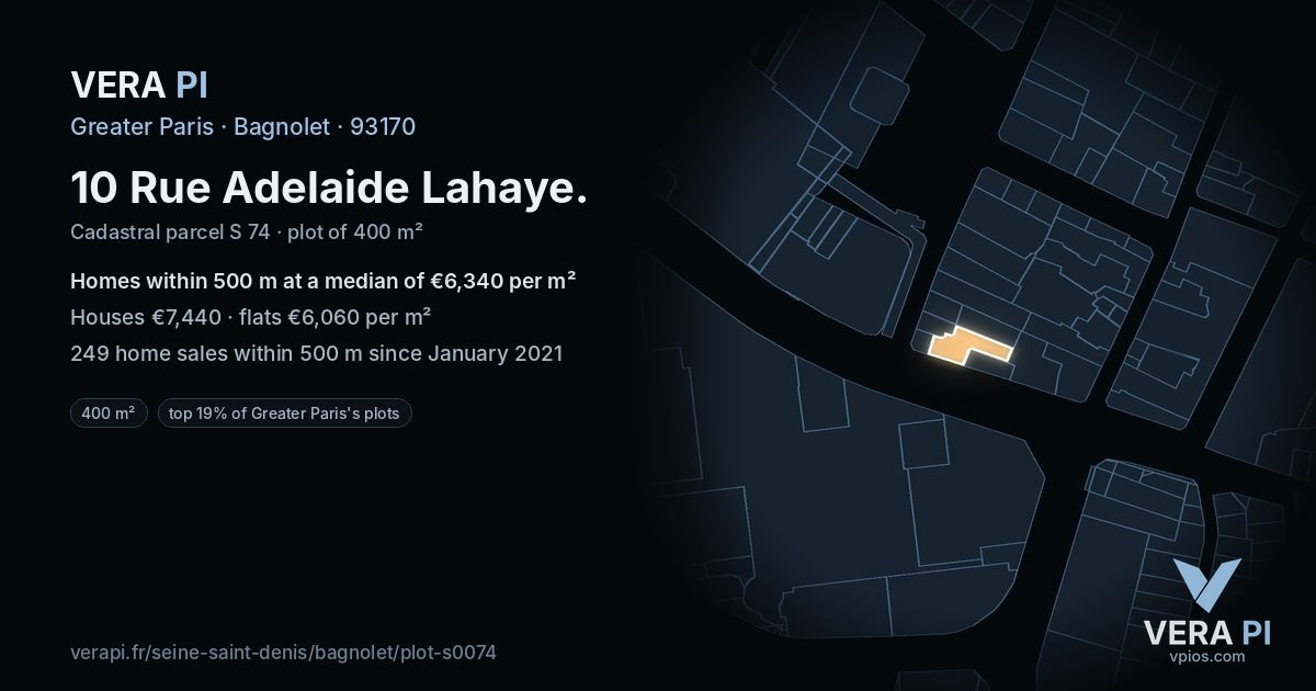 10 Rue Adelaide Lahaye, Bagnolet at night – the plot lit, the parcels around coloured by the prices near them