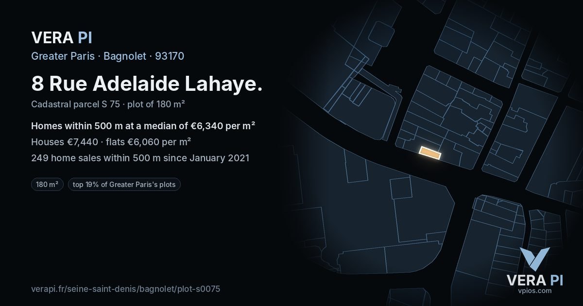 8 Rue Adelaide Lahaye, Bagnolet at night – the plot lit, the parcels around coloured by the prices near them