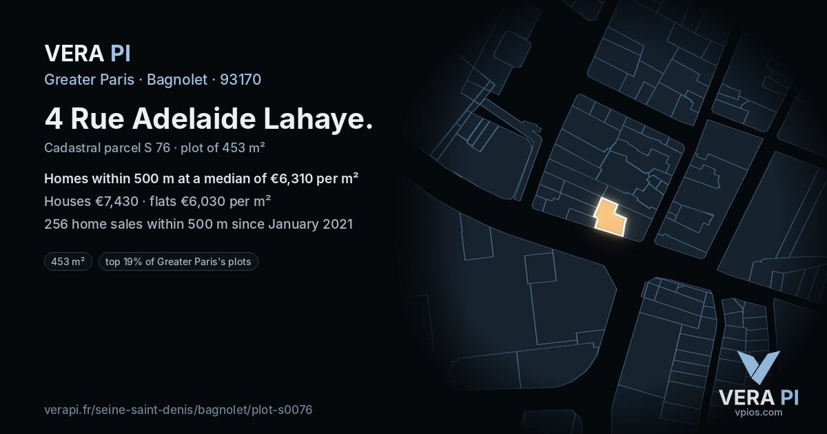 4 Rue Adelaide Lahaye, Bagnolet at night – the plot lit, the parcels around coloured by the prices near them