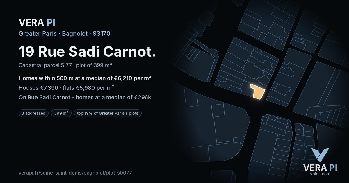 19 Rue Sadi Carnot, Bagnolet at night – the plot lit, the parcels around coloured by the prices near them