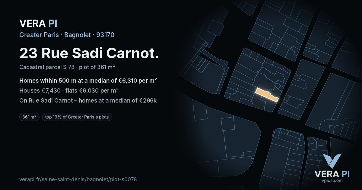 23 Rue Sadi Carnot, Bagnolet at night – the plot lit, the parcels around coloured by the prices near them