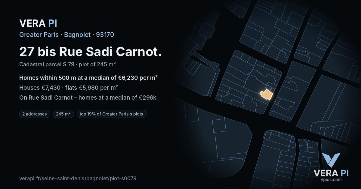 27 bis Rue Sadi Carnot, Bagnolet at night – the plot lit, the parcels around coloured by the prices near them