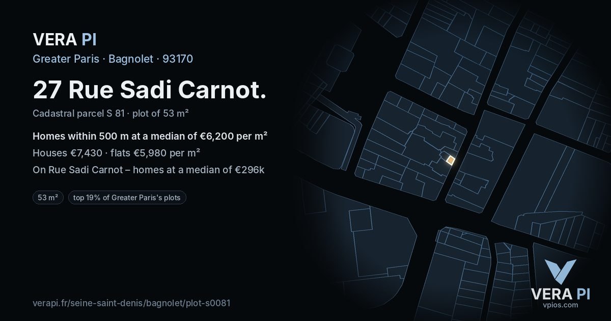 27 Rue Sadi Carnot, Bagnolet at night – the plot lit, the parcels around coloured by the prices near them