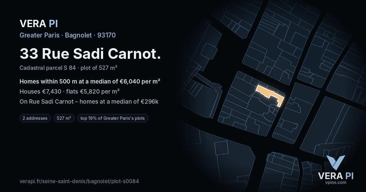 33 Rue Sadi Carnot, Bagnolet at night – the plot lit, the parcels around coloured by the prices near them