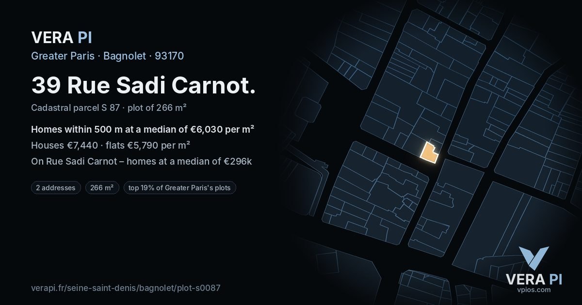 39 Rue Sadi Carnot, Bagnolet at night – the plot lit, the parcels around coloured by the prices near them