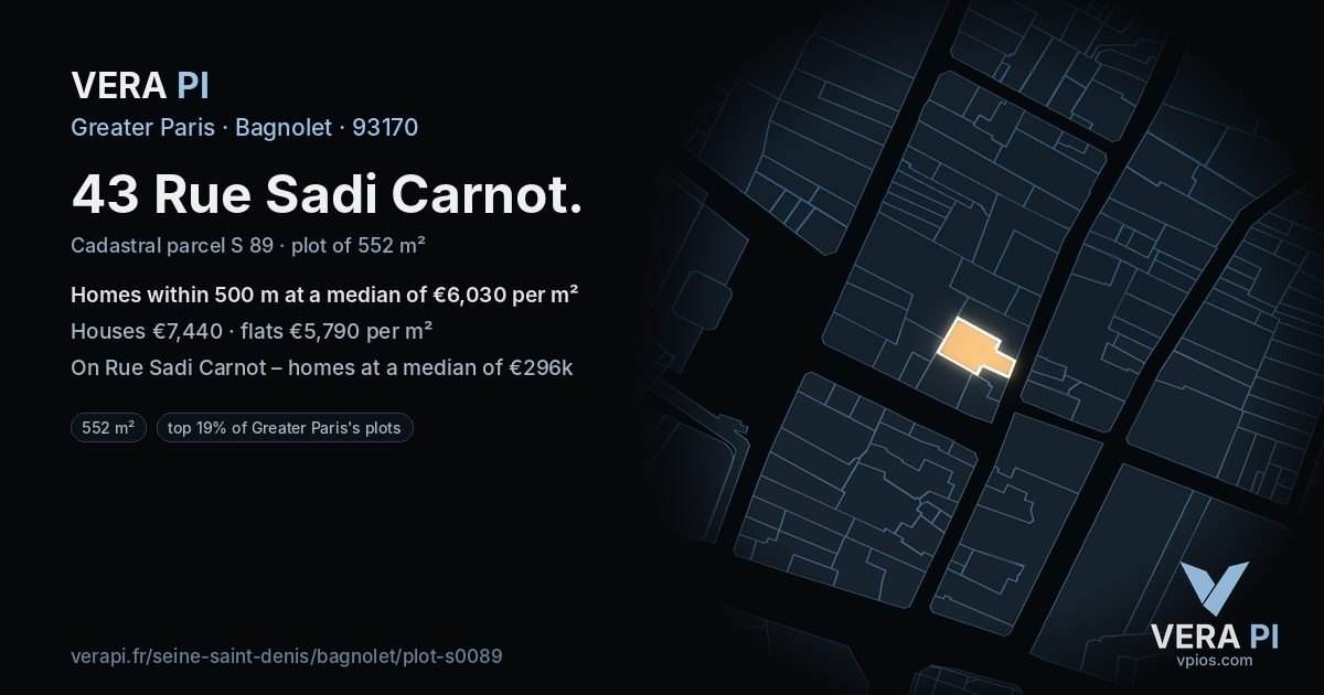 43 Rue Sadi Carnot, Bagnolet at night – the plot lit, the parcels around coloured by the prices near them