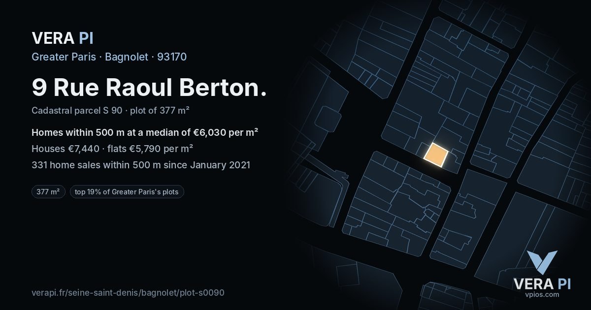 9 Rue Raoul Berton, Bagnolet at night – the plot lit, the parcels around coloured by the prices near them