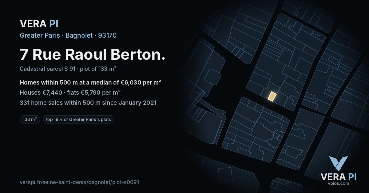 7 Rue Raoul Berton, Bagnolet at night – the plot lit, the parcels around coloured by the prices near them