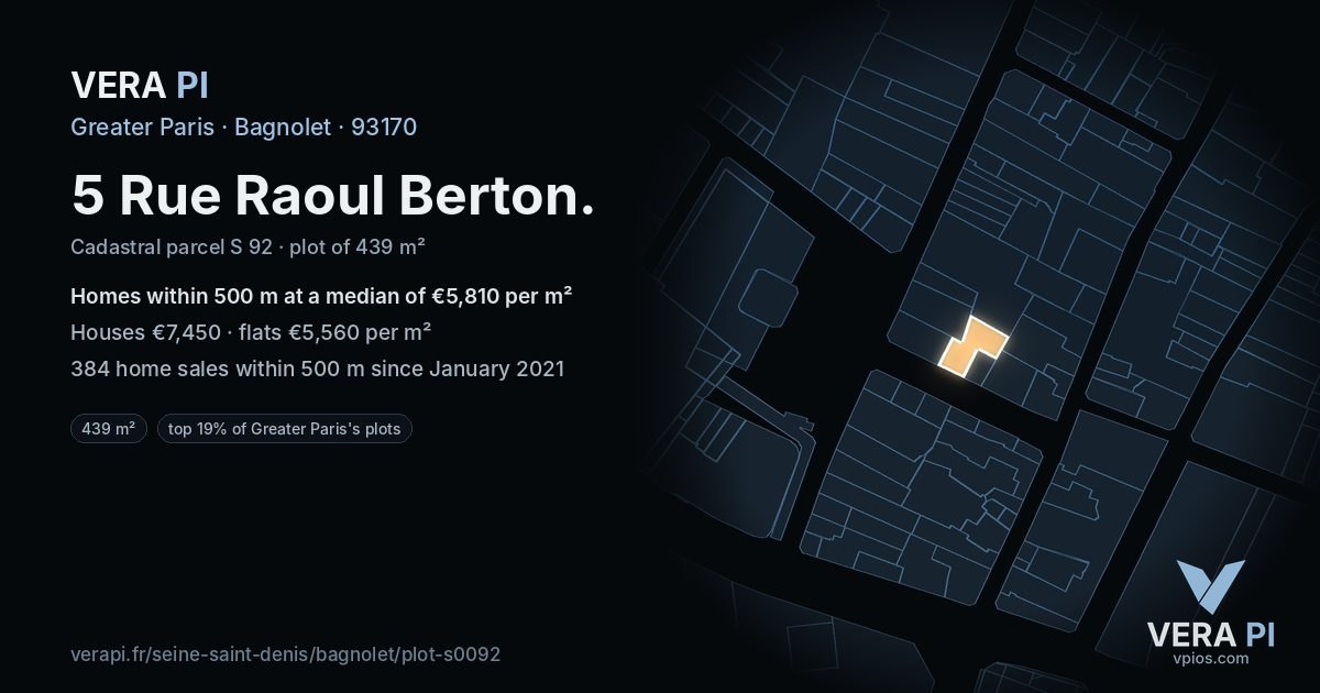 5 Rue Raoul Berton, Bagnolet at night – the plot lit, the parcels around coloured by the prices near them