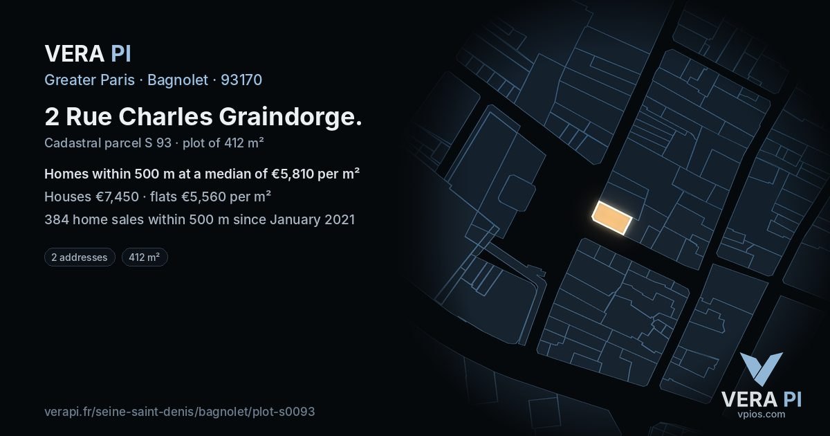 2 Rue Charles Graindorge, Bagnolet at night – the plot lit, the parcels around coloured by the prices near them