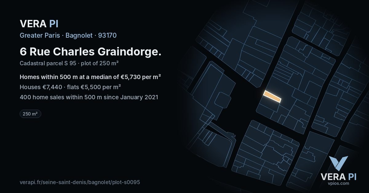 6 Rue Charles Graindorge, Bagnolet at night – the plot lit, the parcels around coloured by the prices near them