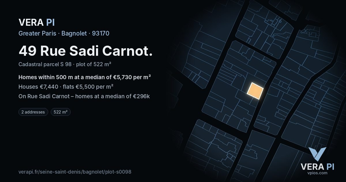 49 Rue Sadi Carnot, Bagnolet at night – the plot lit, the parcels around coloured by the prices near them