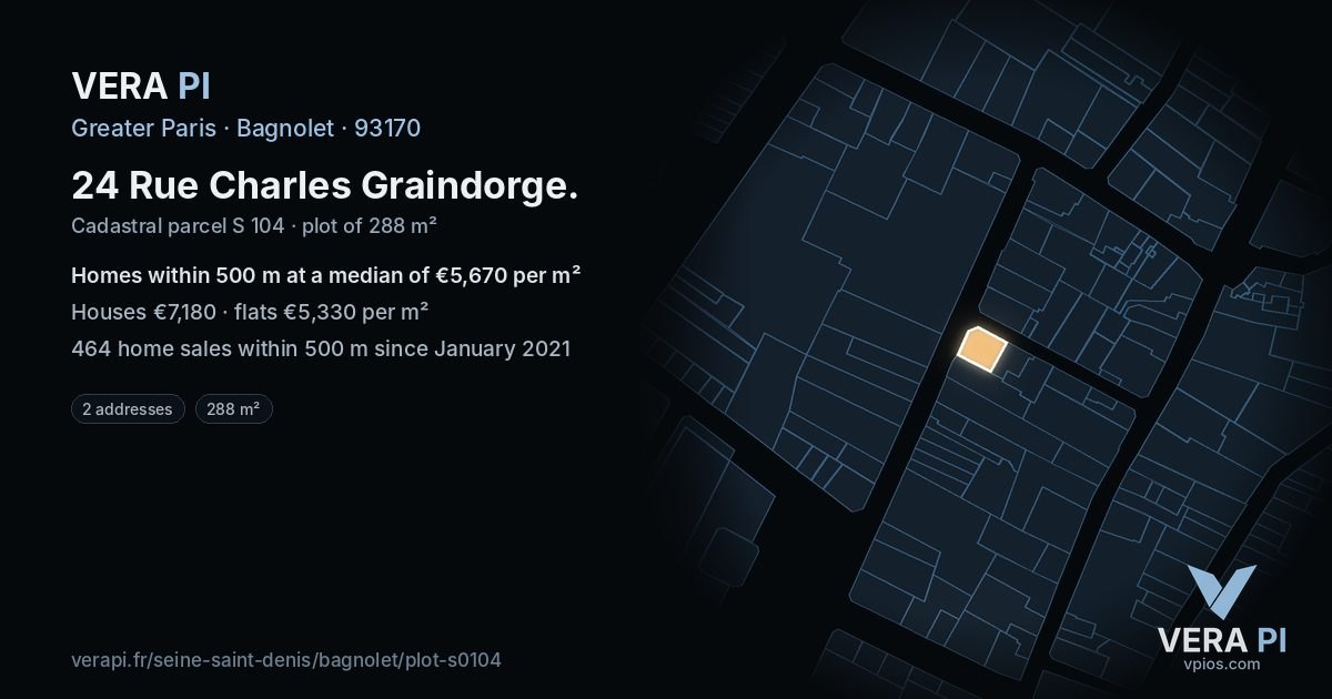 24 Rue Charles Graindorge, Bagnolet at night – the plot lit, the parcels around coloured by the prices near them