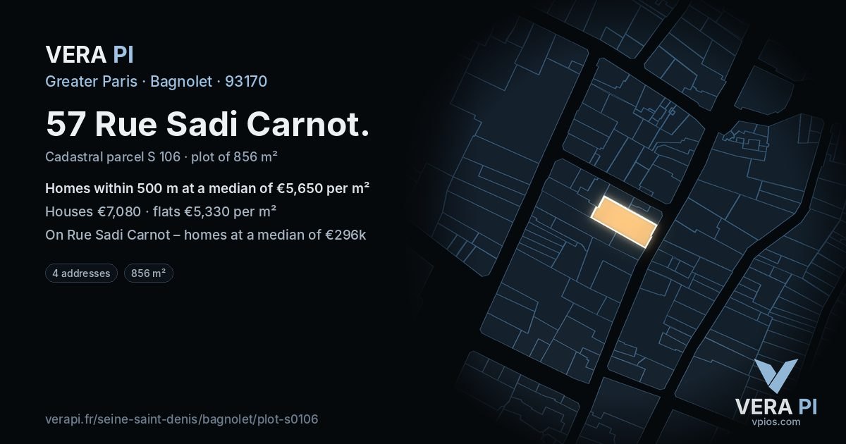 57 Rue Sadi Carnot, Bagnolet at night – the plot lit, the parcels around coloured by the prices near them