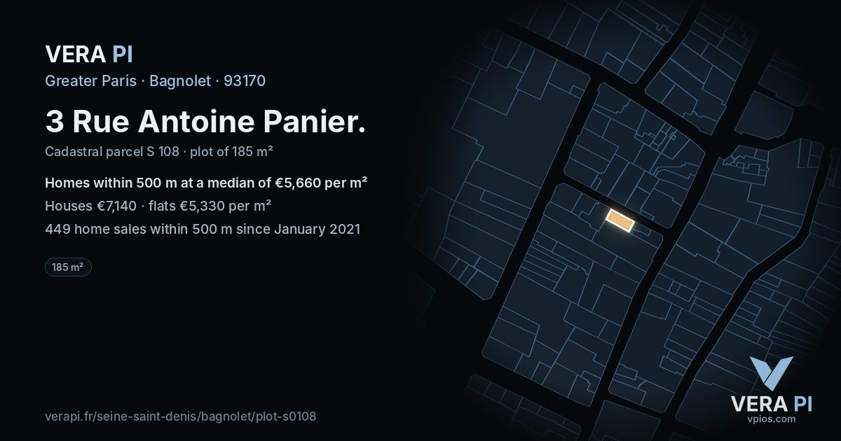 3 Rue Antoine Panier, Bagnolet at night – the plot lit, the parcels around coloured by the prices near them