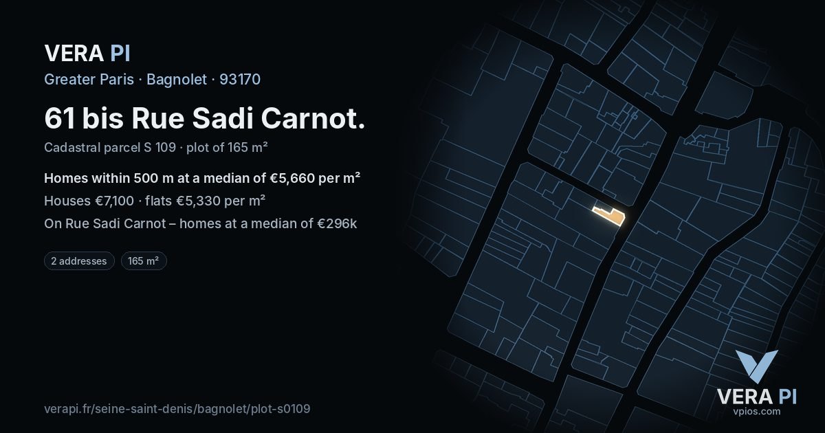 61 bis Rue Sadi Carnot, Bagnolet at night – the plot lit, the parcels around coloured by the prices near them