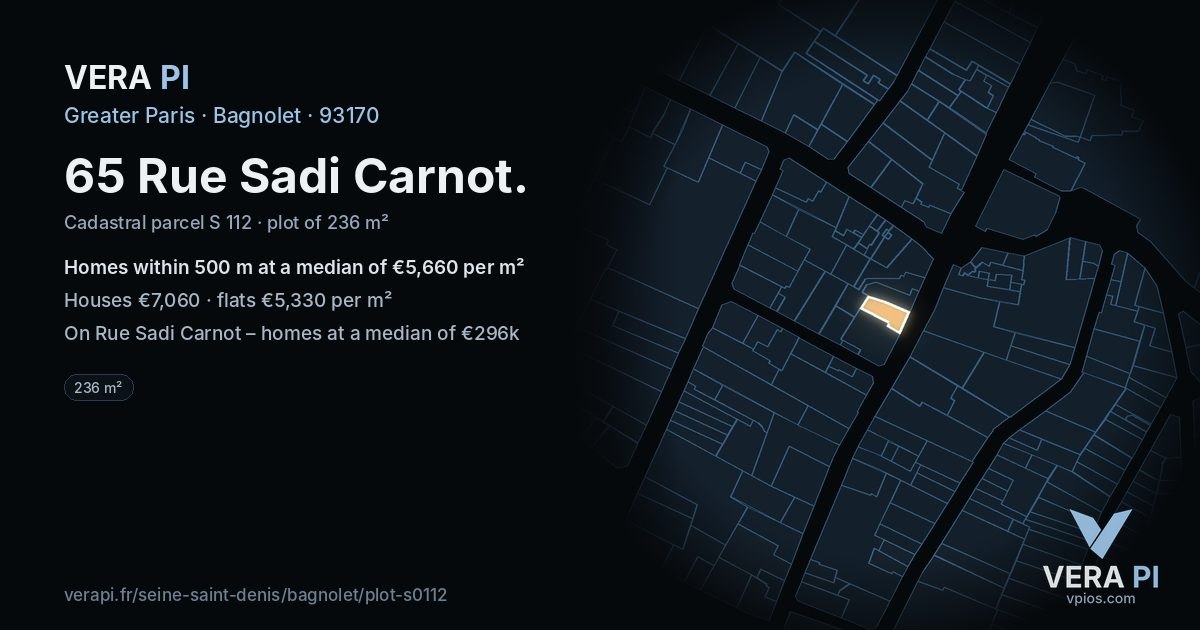 65 Rue Sadi Carnot, Bagnolet at night – the plot lit, the parcels around coloured by the prices near them