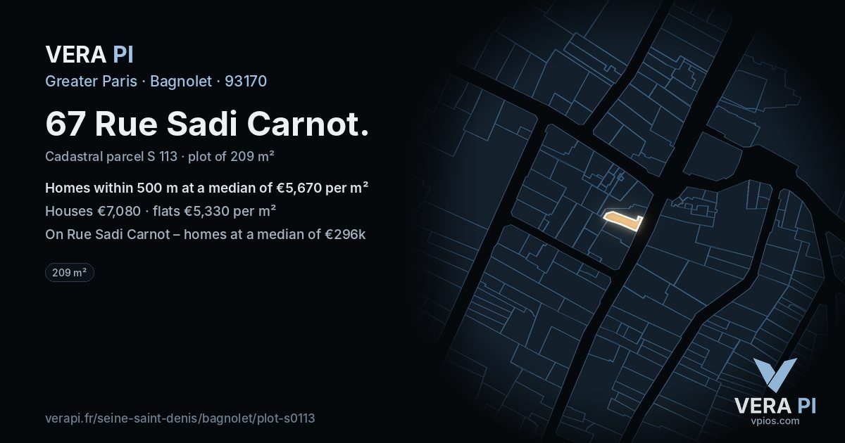 67 Rue Sadi Carnot, Bagnolet at night – the plot lit, the parcels around coloured by the prices near them