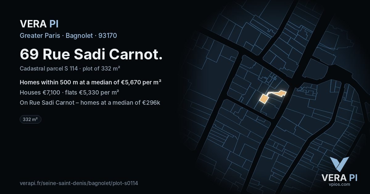 69 Rue Sadi Carnot, Bagnolet at night – the plot lit, the parcels around coloured by the prices near them