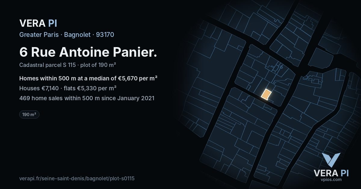 6 Rue Antoine Panier, Bagnolet at night – the plot lit, the parcels around coloured by the prices near them