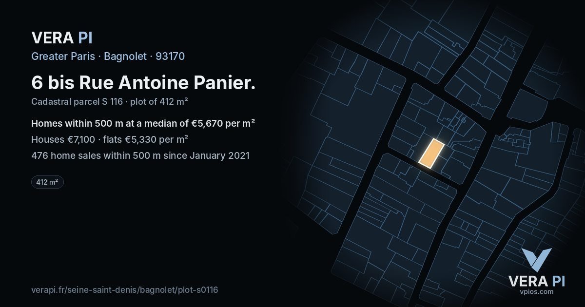 6 bis Rue Antoine Panier, Bagnolet at night – the plot lit, the parcels around coloured by the prices near them