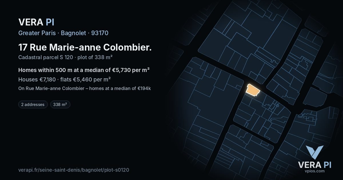 17 Rue Marie-anne Colombier, Bagnolet at night – the plot lit, the parcels around coloured by the prices near them