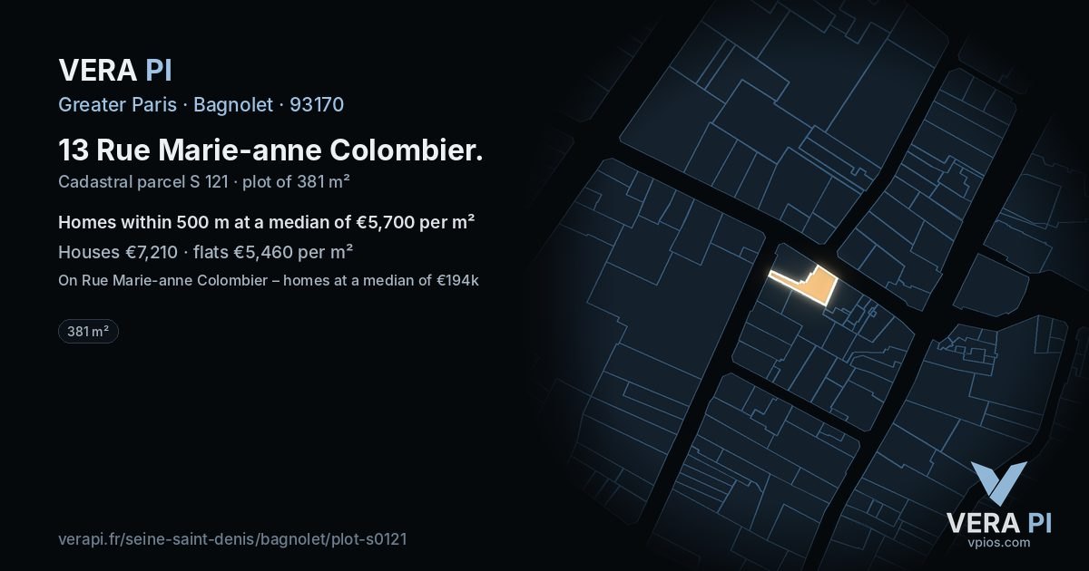 13 Rue Marie-anne Colombier, Bagnolet at night – the plot lit, the parcels around coloured by the prices near them