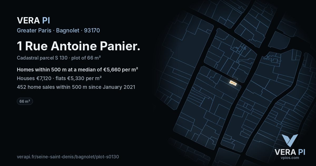 1 Rue Antoine Panier, Bagnolet at night – the plot lit, the parcels around coloured by the prices near them