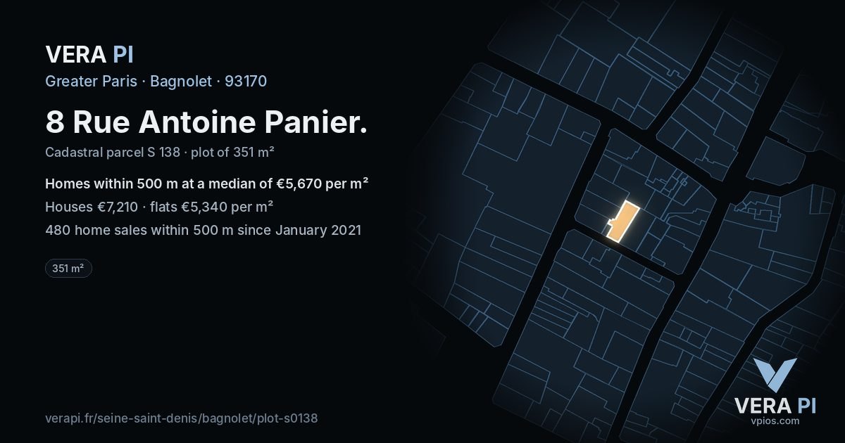 8 Rue Antoine Panier, Bagnolet at night – the plot lit, the parcels around coloured by the prices near them