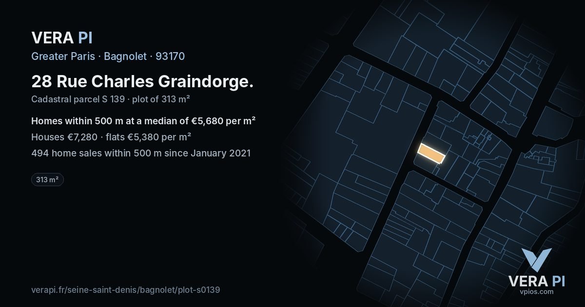 28 Rue Charles Graindorge, Bagnolet at night – the plot lit, the parcels around coloured by the prices near them