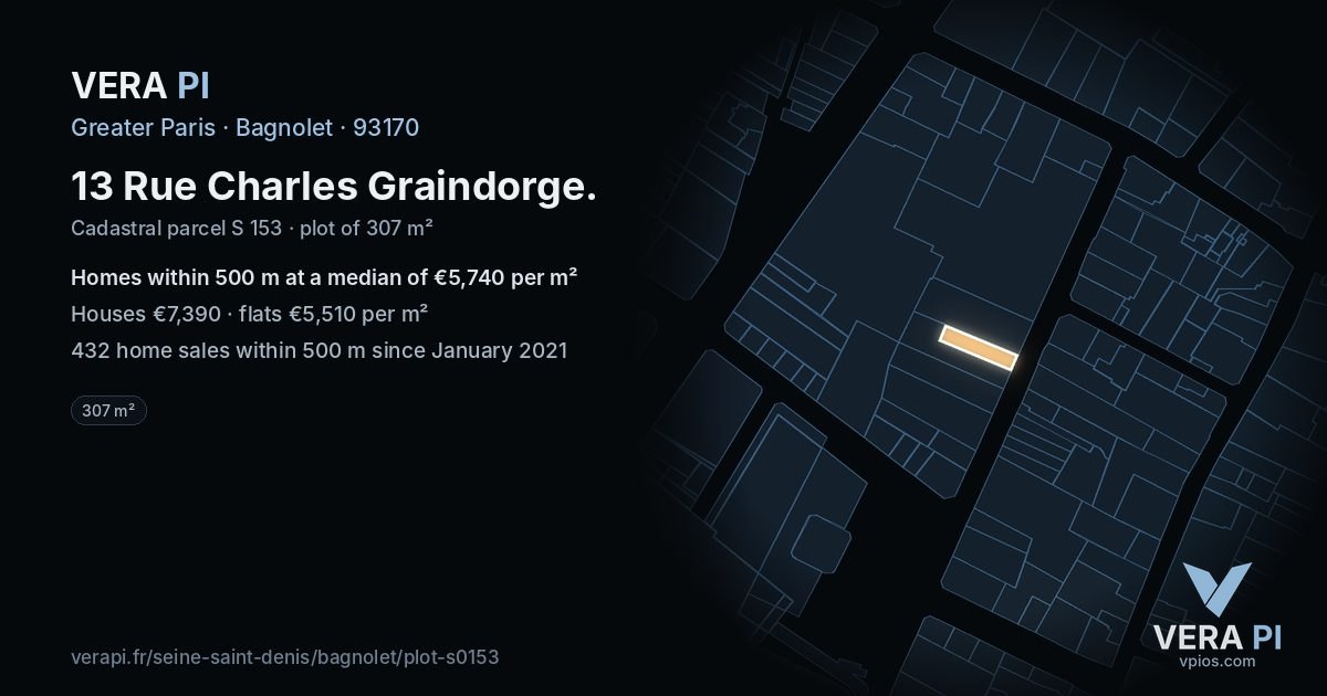 13 Rue Charles Graindorge, Bagnolet at night – the plot lit, the parcels around coloured by the prices near them