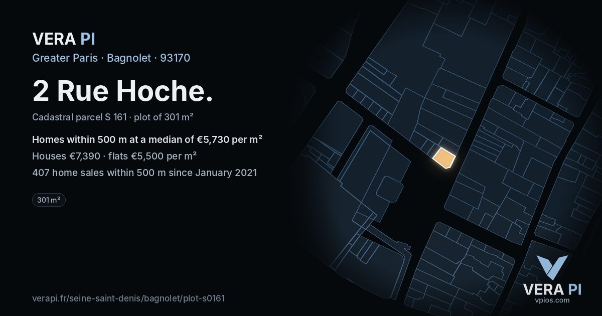 2 Rue Hoche, Bagnolet at night – the plot lit, the parcels around coloured by the prices near them