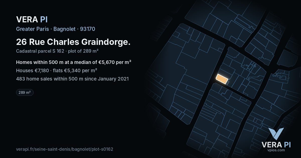 26 Rue Charles Graindorge, Bagnolet at night – the plot lit, the parcels around coloured by the prices near them