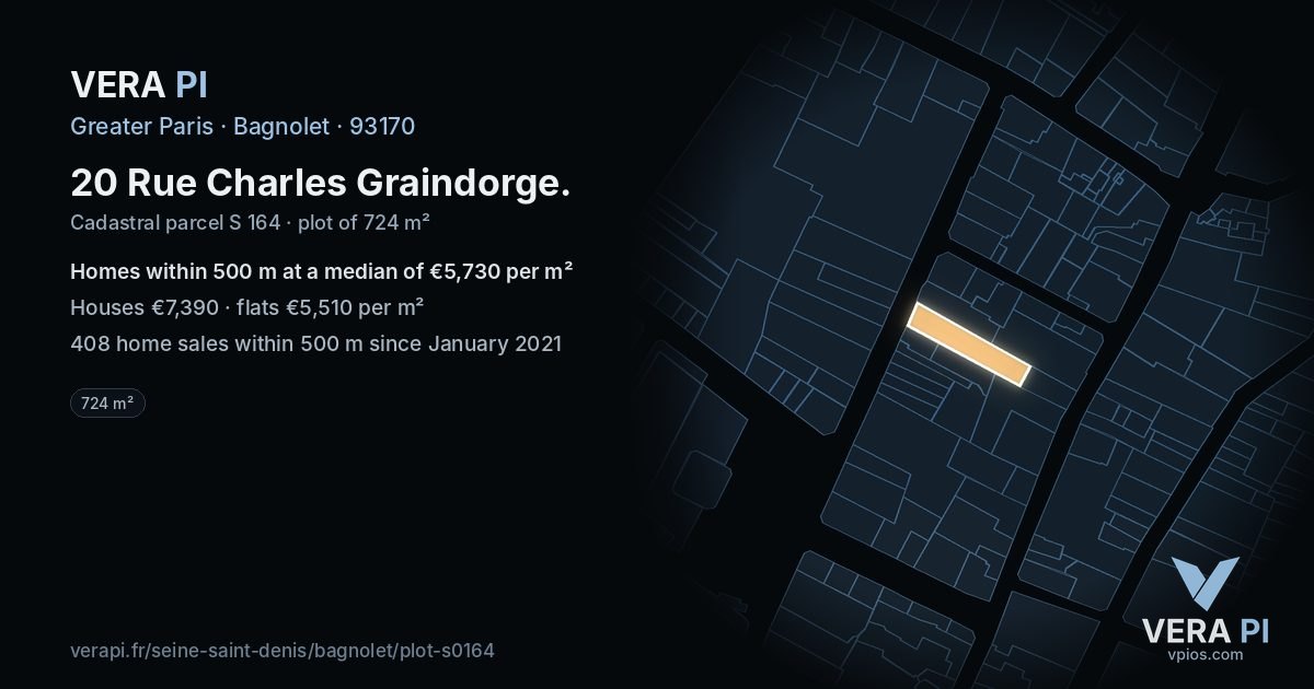 20 Rue Charles Graindorge, Bagnolet at night – the plot lit, the parcels around coloured by the prices near them