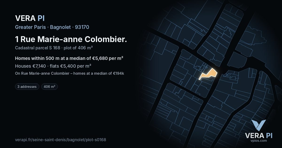 1 Rue Marie-anne Colombier, Bagnolet at night – the plot lit, the parcels around coloured by the prices near them