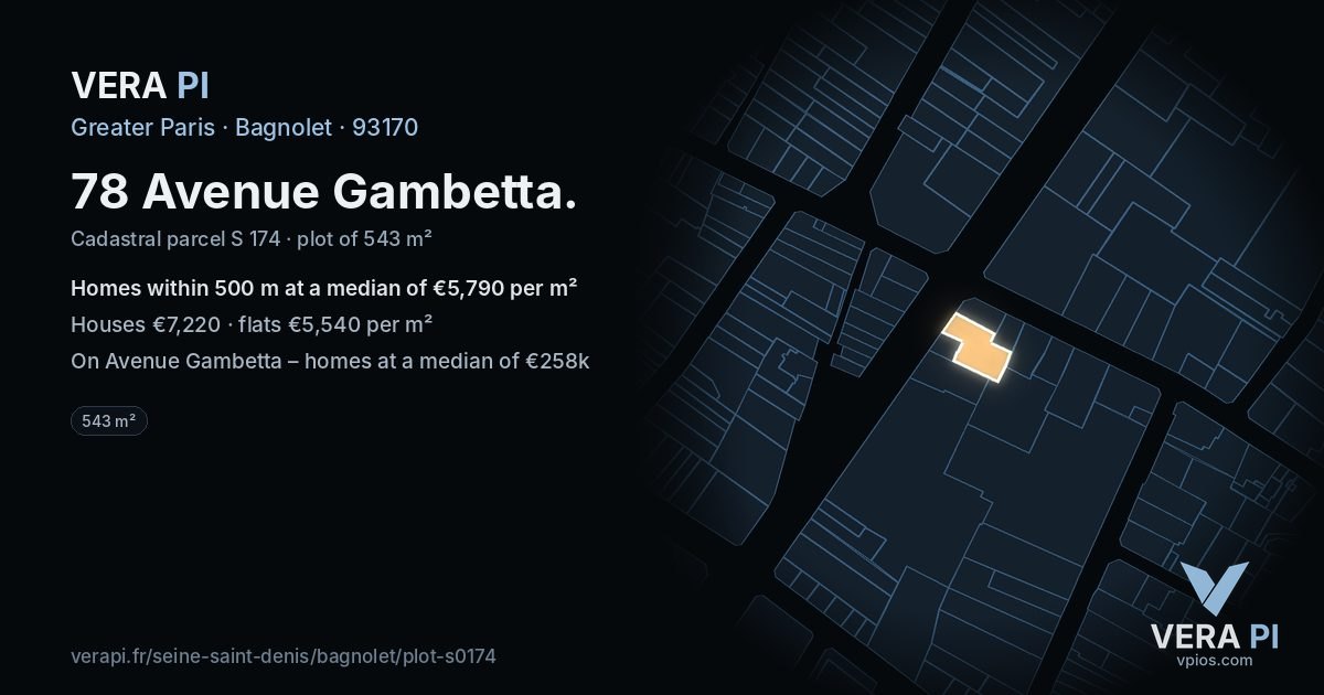 78 Avenue Gambetta, Bagnolet at night – the plot lit, the parcels around coloured by the prices near them