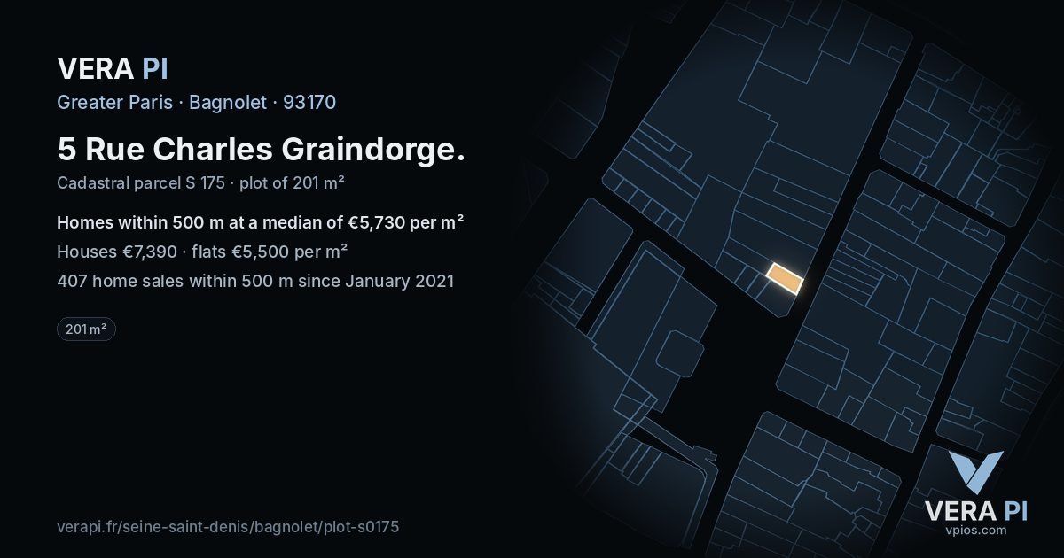 5 Rue Charles Graindorge, Bagnolet at night – the plot lit, the parcels around coloured by the prices near them