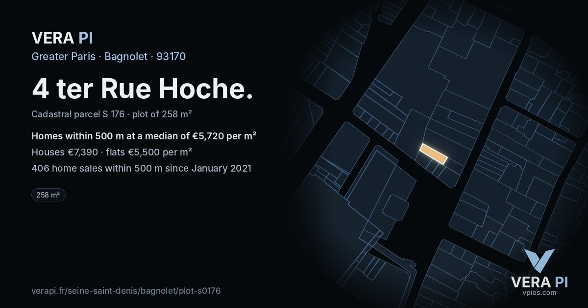 4 ter Rue Hoche, Bagnolet at night – the plot lit, the parcels around coloured by the prices near them