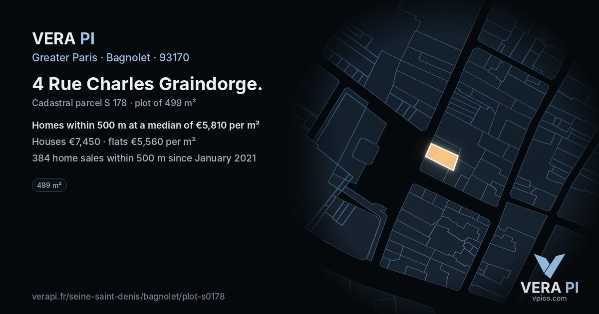 4 Rue Charles Graindorge, Bagnolet at night – the plot lit, the parcels around coloured by the prices near them
