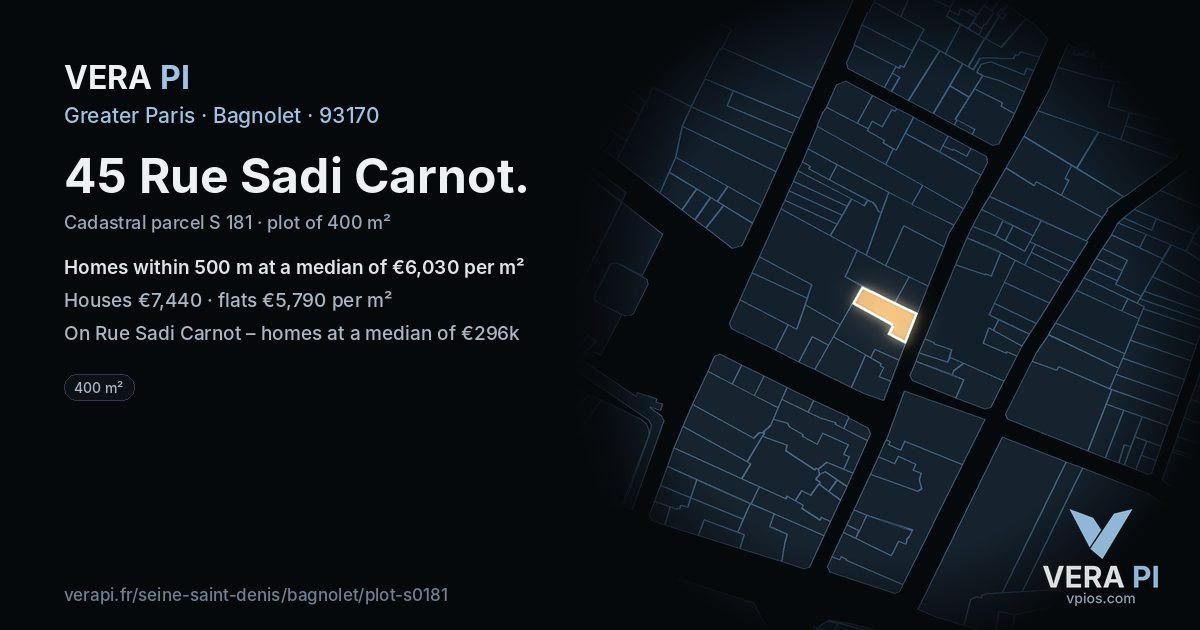 45 Rue Sadi Carnot, Bagnolet at night – the plot lit, the parcels around coloured by the prices near them