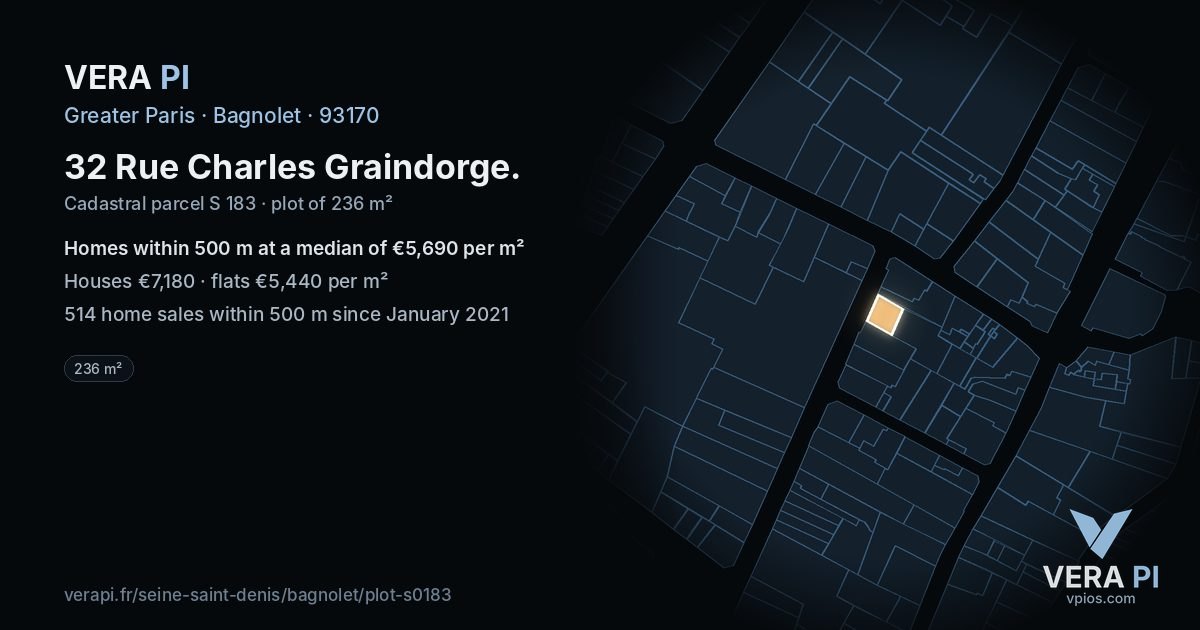 32 Rue Charles Graindorge, Bagnolet at night – the plot lit, the parcels around coloured by the prices near them