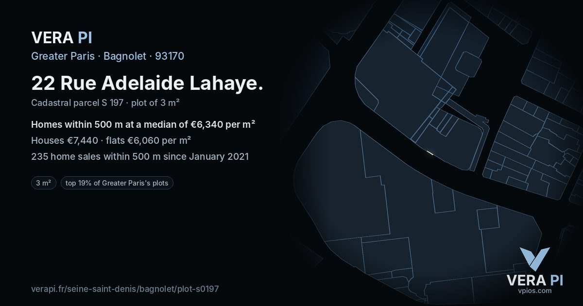 22 Rue Adelaide Lahaye, Bagnolet at night – the plot lit, the parcels around coloured by the prices near them