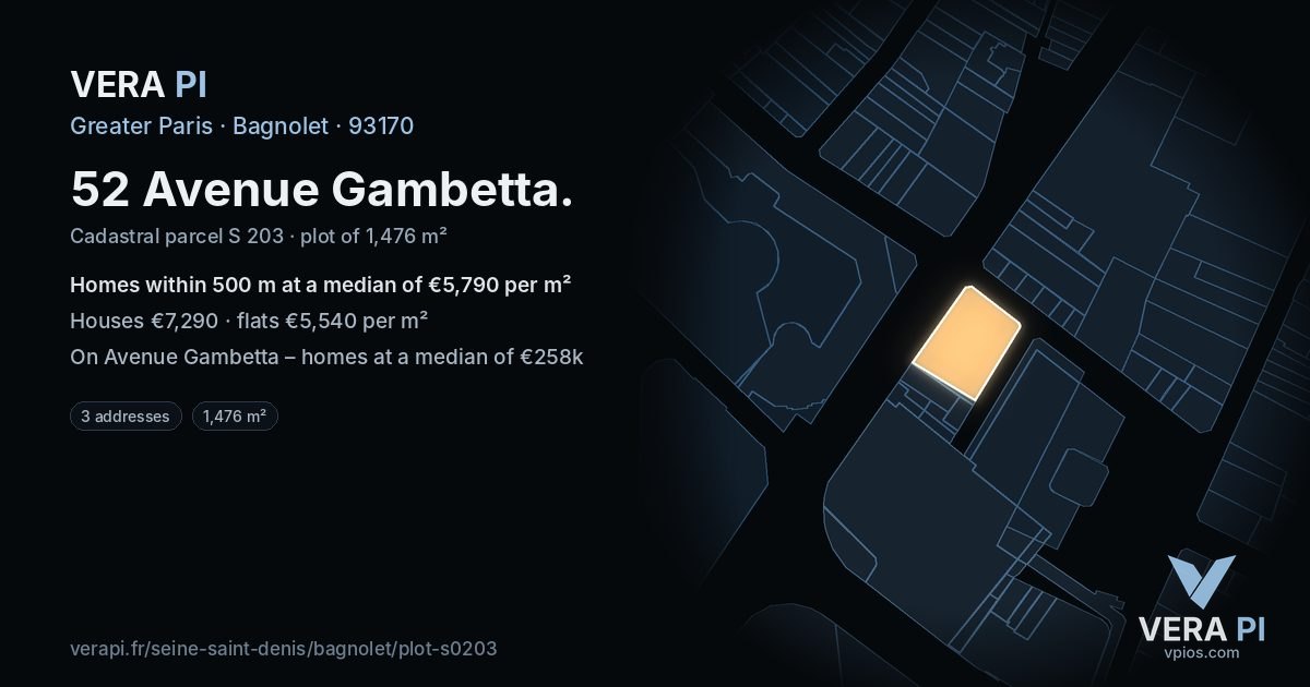 52 Avenue Gambetta, Bagnolet at night – the plot lit, the parcels around coloured by the prices near them