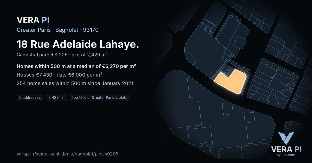 18 Rue Adelaide Lahaye, Bagnolet at night – the plot lit, the parcels around coloured by the prices near them