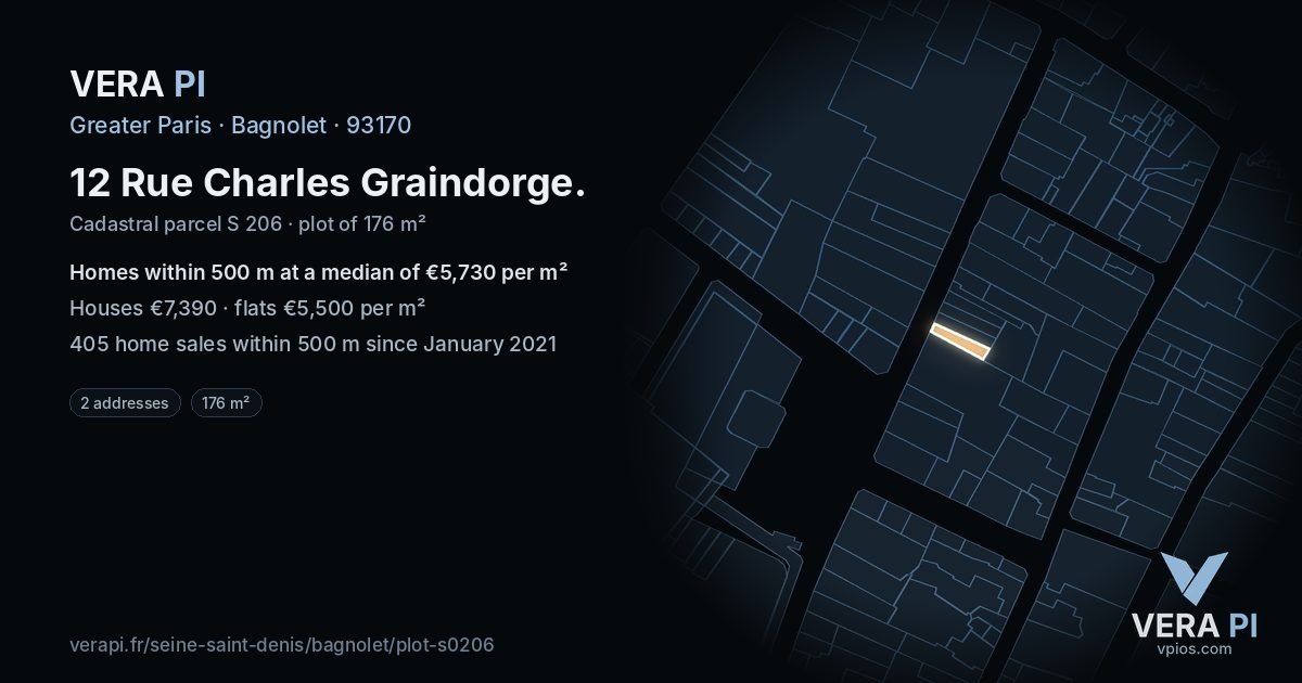 12 Rue Charles Graindorge, Bagnolet at night – the plot lit, the parcels around coloured by the prices near them