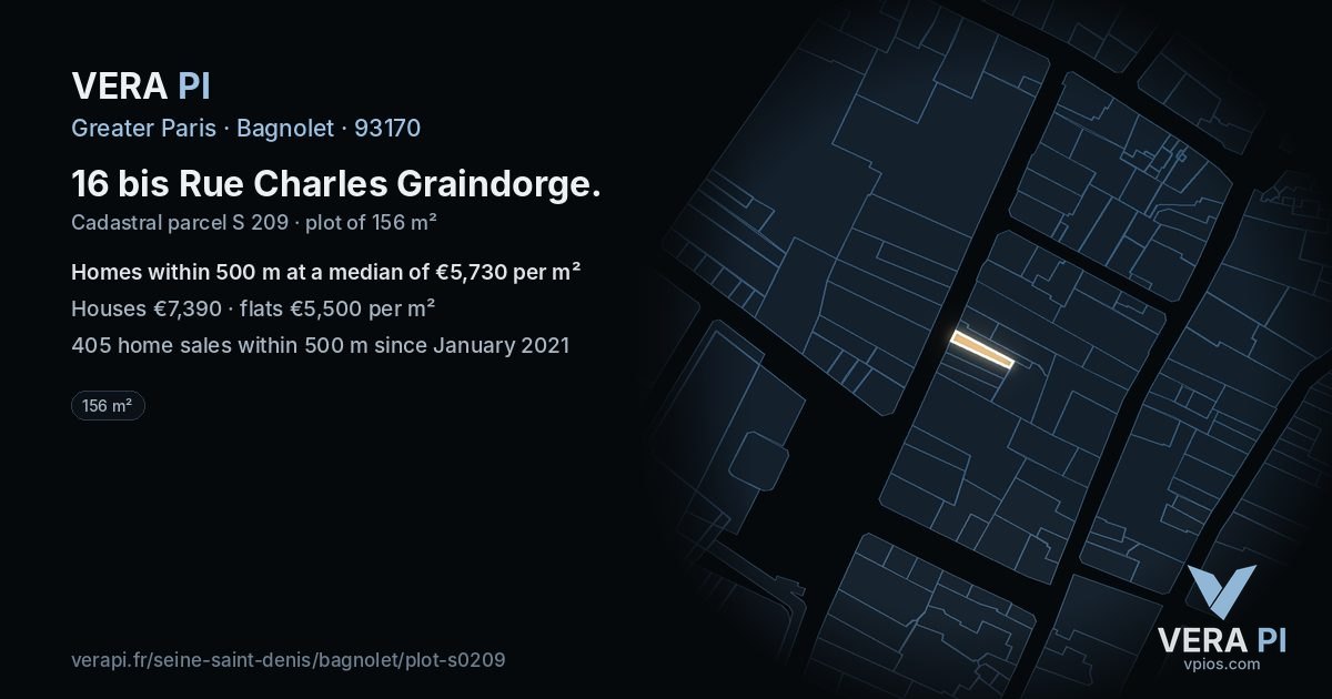 16 bis Rue Charles Graindorge, Bagnolet at night – the plot lit, the parcels around coloured by the prices near them