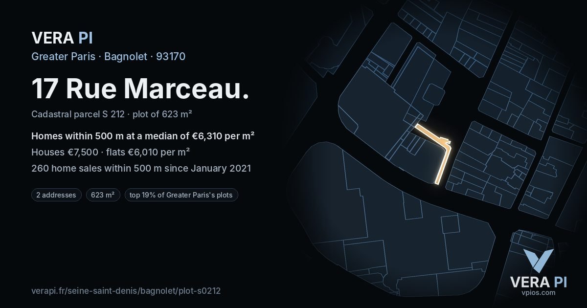 17 Rue Marceau, Bagnolet at night – the plot lit, the parcels around coloured by the prices near them